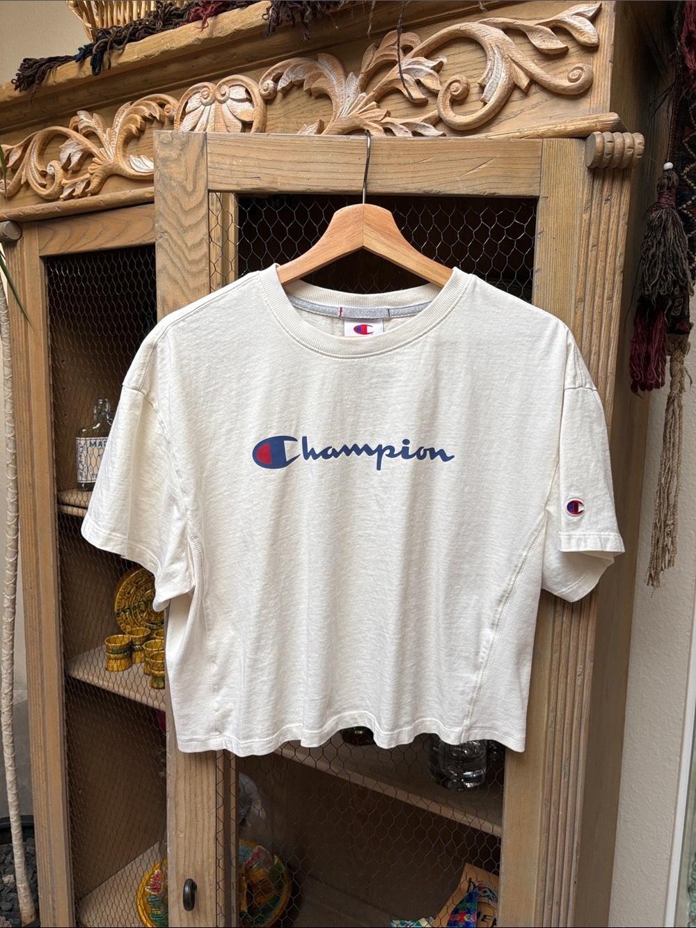 Champion Classic Script Logo Cream Cropped T-Shirt